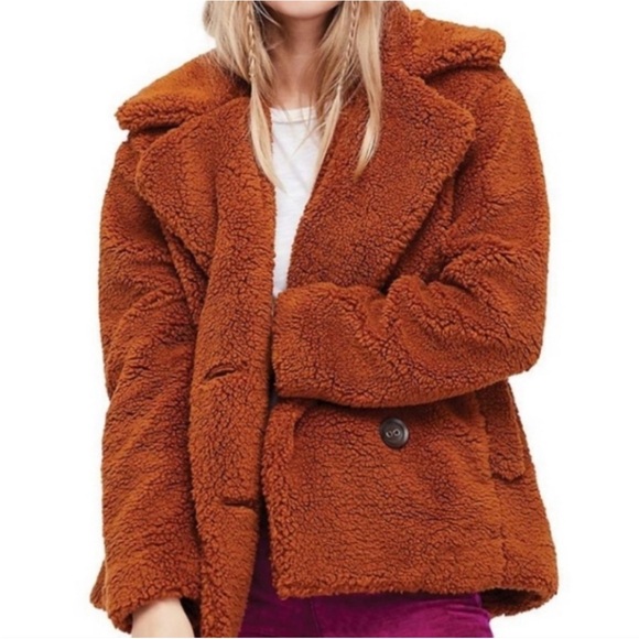 Free People Notched Teddy Peacoat Copper Women’s Small Jacket Oversized - Picture 2 of 16